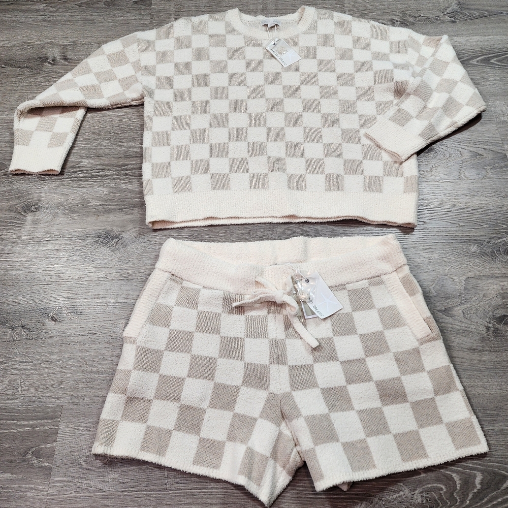 NWT BAREFOOT DREAMS 2 Pc CozyChic Oatmeal Cream Checkered Top Short Set XL - Picture 14 of 14